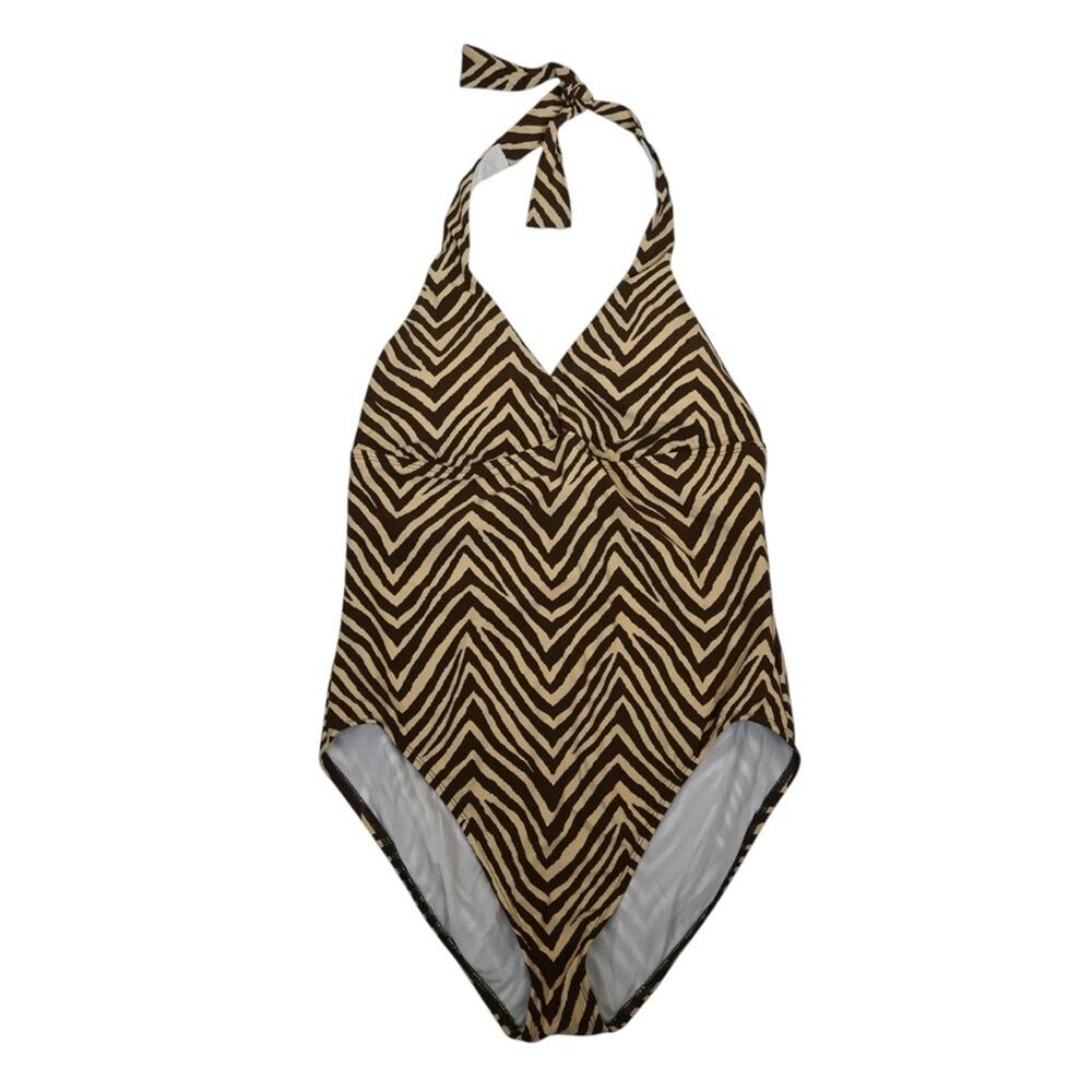 Talbots Women's Aqua Club Halter Keyhole One Piece Swimsuit Brown Tan Zebra